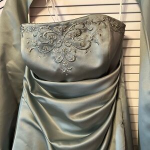 David's Bridal Strapless Dress in Soft Green with sash and matching purse